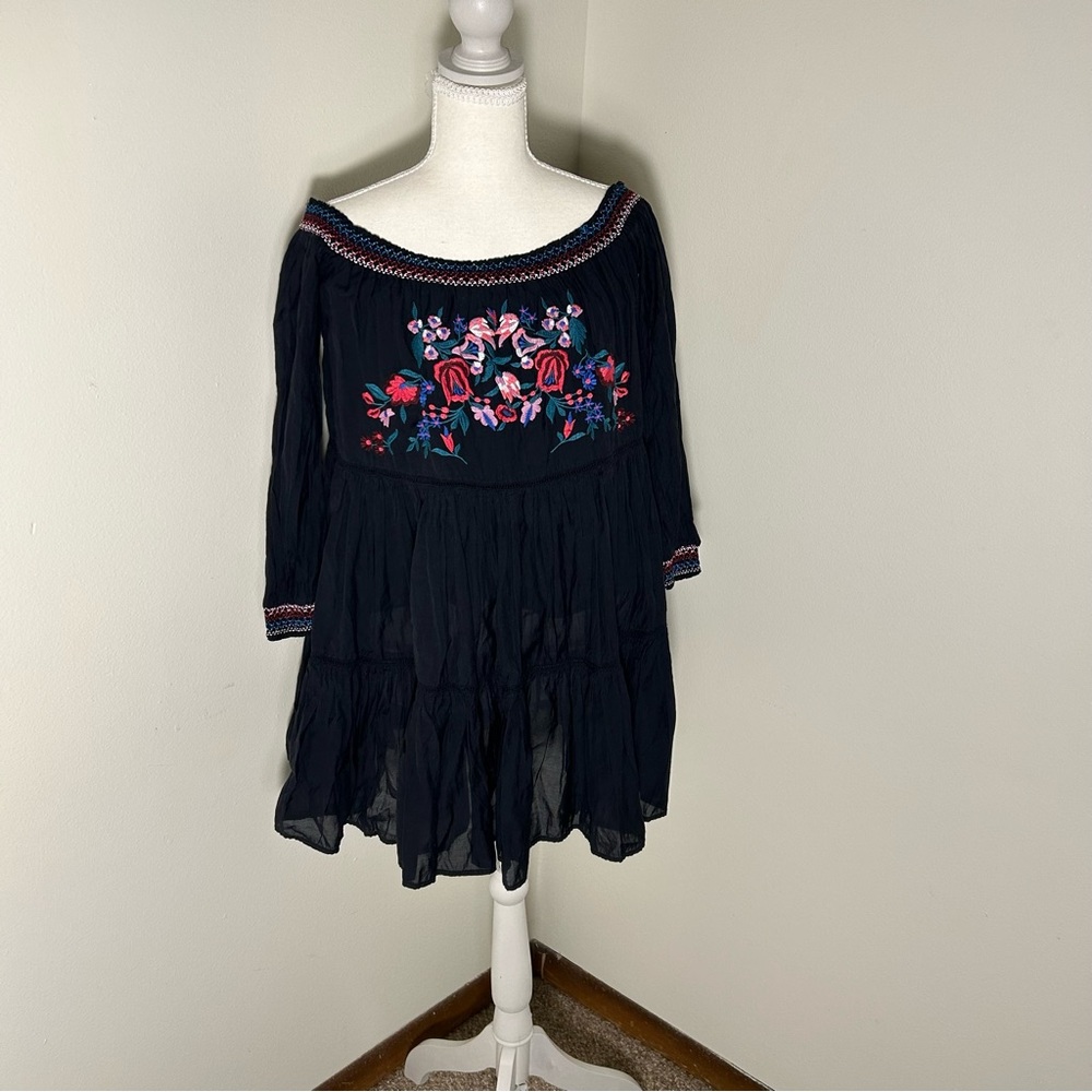 Free People Black Embroidered Off Shoulder Peasant Dress Women’s M